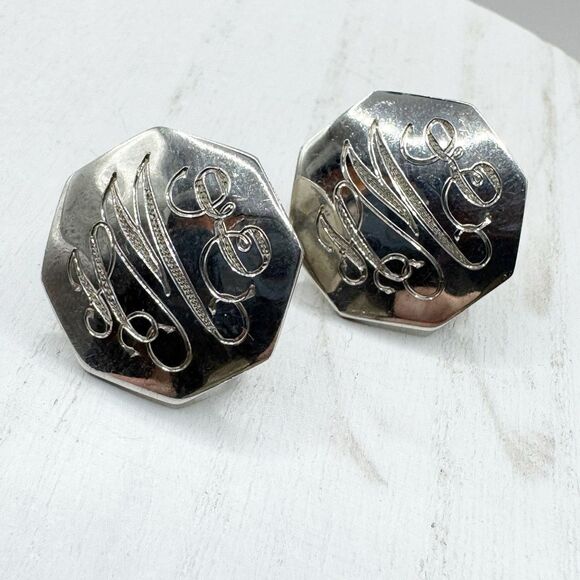 Vtg Sterling Monogram HEM Screw back Earrings Octagonal Signed CW Scrap Wear 10g - Picture 5 of 9